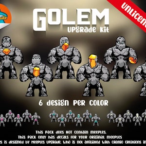 Puede incluir: Un conjunto de seis calcomanías de actualización de meeple golem diferentes para el juego de mesa "Go-lem". Las calcomanías son grises con acentos naranjas y están diseñadas para colocarse sobre los meeples existentes. El texto "Go-lem Upgrade Kit" está impreso en blanco sobre un fondo negro. El texto "6 design PER COLOR" está impreso en blanco sobre un fondo negro. El texto "unLicenced" está impreso en blanco sobre un fondo rojo.