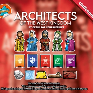 Puede incluir: Un conjunto de 10 pegatinas coloridas con personajes y símbolos del juego de mesa Architects of the West Kingdom. Las pegatinas están diseñadas para usarse en meeples, pero no incluyen meeples. Este paquete NO contiene meeples. Este paquete solo tiene calcomanías para tus meeples originales. Esta actualización está diseñada por Meeples Upgrade, que no está afiliado a los juegos de Garphill de ninguna manera.