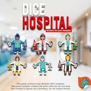 Puede incluir: Un conjunto de seis pegatinas coloridas que representan a diferentes profesionales médicos, incluyendo un médico, una enfermera y un cirujano. Las pegatinas están diseñadas para ser utilizadas con el juego de mesa "Dice Hospital". El texto "Dice Hospital Stickers for your Meeples" está en la parte superior de la imagen. El texto "This pack contains only Stickers NOT meeples. This pack contains stickers for both sides for all core box. This Product is design by a 3rd Party, its not original brand." está en la parte inferior de la imagen.