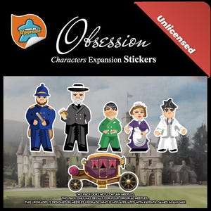 May include: A set of colourful character stickers for the board game Obsession. The stickers feature a variety of characters, including a police officer, a priest, a maid, a butler, and a carriage driver. The stickers are designed to be used with the original Obsession game.