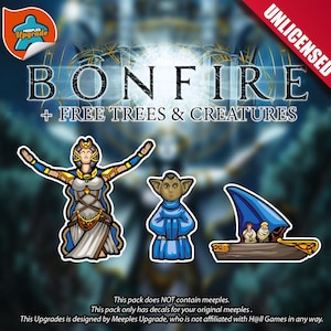 Puede incluir: Una descarga digital para una expansión de juego de mesa llamada "Bonfire + Free Trees & Creatures". La imagen muestra tres personajes de dibujos animados coloridos: una mujer con ropa azul y dorada, un elfo azul y un barco azul con tres personas dentro.