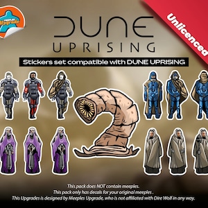 Puede incluir: Un conjunto de pegatinas para el juego de mesa Dune: Uprising. Las pegatinas representan personajes del juego, incluyendo un gusano de arena, Fremen y Harkonnen. Las pegatinas son compatibles con las fichas del juego original.