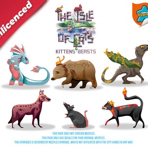 May include: A set of six colorful meeple decals for the board game "The Isle of Cats: Kittens & Beasts". The decals feature a variety of creatures, including a blue and pink dragon, a brown bear, a green and brown dinosaur, a purple and pink dog, a gray rat, and a black and red cat.