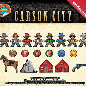 May include: A sticker set for Carson City board game meeples featuring eight cowboy figures in various colors, six circular icons with western motifs, a brown horse, a grey rock, two red buildings, and a grey revolver, with text at the bottom.