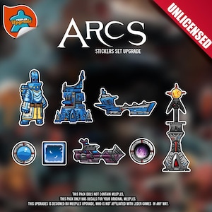 May include: A set of stickers for the board game ARCS. The stickers feature various characters, buildings, and spaceships in a blue and purple colour scheme. The stickers are designed to be used with the original game pieces.