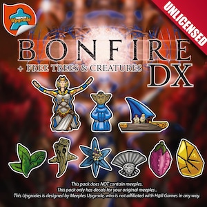 Puede incluir: Un conjunto de calcomanías para el juego de mesa Bonfire. Las calcomanías presentan una variedad de árboles y criaturas, incluyendo un árbol, un tronco, una flor, un abanico, una fruta y una gema. Las calcomanías están diseñadas para ser usadas con los meeples Bonfire originales. El texto en la imagen dice "Bonfire + Free Trees & Creatures DX".