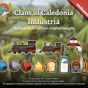 以下が含まれることがあります： ボードゲームClans of Caledonia Industriaのステッカーセット。列車、建物、糸、チーズ、パン、牛乳、小麦などのさまざまなリソースアイコンのステッカーが含まれています。「Stickers set for all your original meeples」と書かれています。