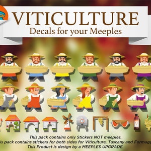 VITICULTURE Meeples Upgrade Kit Stickers + FREE Tuscany, World and Fromaggio Decals Kit • Premium materials! -Design A