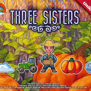 Puede incluir: Un conjunto de calcomanías coloridas para el juego de mesa "Three Sisters". Las calcomanías representan a un granjero, un tractor, una calabaza, una nube y una regadera. Las calcomanías están diseñadas para ser usadas con las piezas originales del juego.