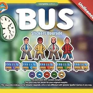 Puede incluir: Un paquete de actualización de pegatinas para el juego de mesa BUS, con ilustraciones de dibujos animados de conductores de autobús y autobuses en varios colores. El texto "BUS Stickers Upgrade" se muestra de forma destacada.