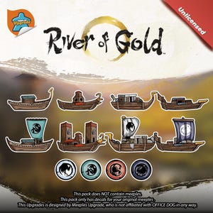 May include: Decals for the board game "River of Gold" are shown. The image displays several wooden boat designs, some with sails and decorative features. The game title is written in a stylized font, with a gold circle behind it.