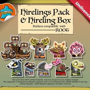 May include: A set of 10 colorful stickers featuring cartoon characters from the board game Root. The stickers are compatible with the Root board game and are designed to be used as meeple replacements. The stickers are unlicenced.