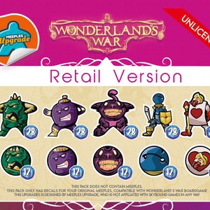 Puede incluir: Un conjunto de 10 calcomanías de meeple para Wonderland's War. Las calcomanías están impresas en vinilo transparente y presentan varios personajes del juego. Las calcomanías están diseñadas para colocarse en los meeples originales del juego. Este paquete no contiene meeples. Esta actualización está diseñada por Meeples Upgrade, que no está afiliado a Skybound Games de ninguna manera.
