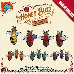May include: A set of eight bee meeple decals for the board game Honey Buzz: Fall Flavors. The decals feature bees in various colors, including yellow, red, orange, teal, purple, and brown. The decals are designed to be placed on the original meeples for the game.