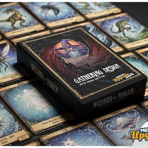 Peut inclure: Un coffret noir de jetons MTG "Wizard of Token", avec une illustration de magicien. La boîte est entourée de cartes sur le thème de la fantaisie avec des illustrations de créatures et de personnages. Le texte "Gathering Design" est visible.