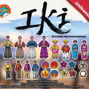 Könnte beinhalten: Ein Satz Sticker für das Brettspiel Iki. Die Sticker zeigen verschiedene Charaktere und Symbole aus dem Spiel, darunter einen Samurai, einen Bauern, einen Fischer und eine Geisha. Die Sticker sind dazu gedacht, auf die Spielfiguren des Spiels geklebt zu werden.