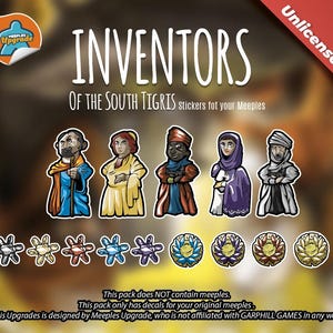 May include: A set of stickers for the board game "Inventors of the South Tigris". The stickers feature colourful illustrations of different characters and symbols. The text "Unlicensed" is visible in the top right corner of the image.