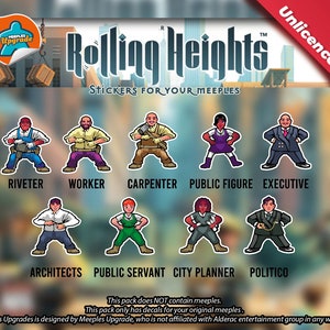 Puede incluir: Un conjunto de pegatinas coloridas con personajes de dibujos animados que representan diferentes profesiones. Las pegatinas están diseñadas para usarse con el juego de mesa "Rolling Heights" y presentan personajes como un remachador, un trabajador, un carpintero, una figura pública, un ejecutivo, un arquitecto, un servidor público, un planificador urbano y un político. Las pegatinas no tienen licencia.