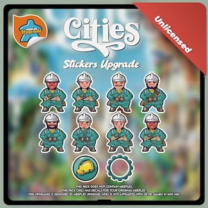 May include: A set of eight worker meeple stickers for the Cities board game. The stickers are in a cartoon style and feature workers in blue and green overalls with white hard hats. The stickers are designed to be placed on the original meeples from the game. The text on the image reads "Cities Stickers Upgrade Unlicensed".