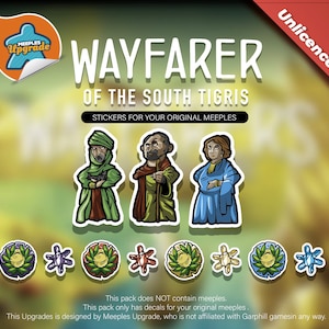 Puede incluir: Un conjunto de pegatinas para el juego de mesa Wayfarer of the South Tigris. Las pegatinas representan tres personajes diferentes, un hombre con una túnica verde, un hombre con una túnica marrón y una mujer con una túnica azul. Las pegatinas están diseñadas para colocarse en los meeples originales del juego.