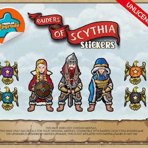 May include: A set of stickers for the Raiders of Scythia board game. The stickers feature a variety of characters and symbols, including a woman with red hair, a man with a beard, a woman with blue hair, and a golden eagle. The stickers are designed to be used with the original Raiders of Scythia meeples.