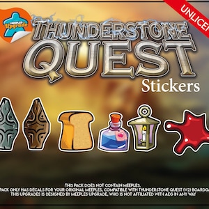 May include: A set of six stickers featuring various illustrations from the board game Thunderstone Quest. The stickers are colorful and include a shield, a loaf of bread, a potion bottle, a lantern, and a red blob.