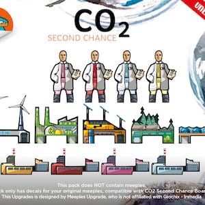 Puede incluir: Calcomanías para el juego de mesa CO2 Second Chance. Las calcomanías representan a cuatro científicos con batas blancas, una turbina eólica, una fábrica, un tren, un bosque y una planta de tratamiento de agua. Las calcomanías están diseñadas para ser utilizadas con las fichas del juego original.