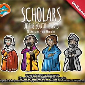 May include: Four colourful stickers featuring cartoon illustrations of people wearing traditional clothing. The stickers are for the game "Scholars of the South Tigris" and are designed to be used with meeples. The text "Unlicenced" is in the top right corner of the image.