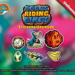 Pode incluir: Um conjunto de adesivos para o jogo de tabuleiro Dodos Riding Dinos. Os adesivos apresentam um dodo, um ninho, um cacho de bananas, um ovo, uma pena e um planeta vermelho. Os adesivos são projetados para serem usados com as peças do jogo original.