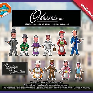 May include: A set of 10 colorful stickers featuring different characters, including a maid, a butler, and a chef. The stickers are designed for use with the board game "Obsession: Upstairs Downstairs".