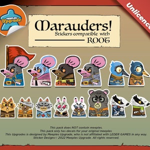 May include: A set of 10 colorful stickers featuring various animal characters, compatible with the board game "ROOT". The stickers are designed for use with the game's meeples, adding a unique and personalized touch to gameplay.