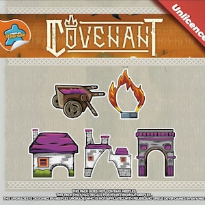 Puede incluir: Una hoja de pegatinas para el juego de mesa Covenant, con piezas de juego. Incluye un carro, una llama y diseños de edificios con tejados morados. La palabra "Covenant" se muestra en la parte superior. El texto "Unlicensed" está en la esquina superior derecha.