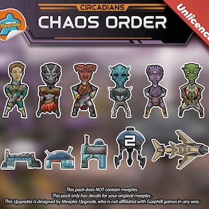Puede incluir: Un conjunto de 10 calcomanías coloridas para el juego de mesa "Chaos Order: Circadions". Las calcomanías representan personajes, naves espaciales y otros elementos del juego.