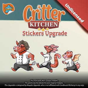 Può includere: Un set di adesivi per Critter Kitchen con tre personaggi animali antropomorfi che indossano giacche da chef bianche e pantaloni neri. Il testo recita Critter Kitchen Stickers Upgrade e Unlicensed. I personaggi includono un cinghiale, una lucertola e una piccola creatura alata.
