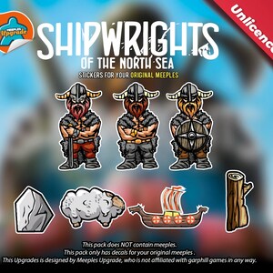 May include: A set of stickers for the board game Shipwrights of the North Sea. The stickers feature Viking characters, a sheep, a rock, a boat, and a tree stump. The stickers are designed to be used with the original game meeples.