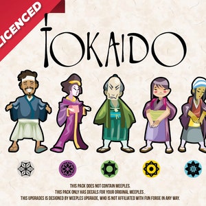 May include: Five colorful character decals for the Tokaido board game. The decals feature a variety of characters in traditional Japanese clothing. The decals are designed to be placed on the original game meeples.