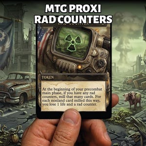 Könnte beinhalten: Eine rechteckige Spielkarte mit dem Titel MTG PROXI RAD COUNTERS, die ein metallisches Gerät mit einem leuchtend grünen Strahlungssymbol auf dem Bildschirm zeigt. Der Kartentext beschreibt eine Spielmechanik mit Strahlungsmarken.