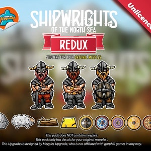 May include: A sticker sheet for the board game Shipwrights of the North Sea Redux. The sheet features cartoon Viking characters with axes and shields, along with other game pieces. The text "Unlicensed" is in the upper right corner.