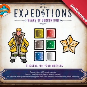 May include: A set of stickers for the board game Expeditions: Gears of Corruption. The stickers feature a character, a star, and six coloured squares.