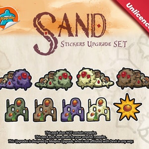 Puede incluir: Conjunto de pegatinas de actualización de arena para el juego de mesa "Sand". El conjunto incluye pegatinas de varias criaturas del desierto, edificios y un sol.