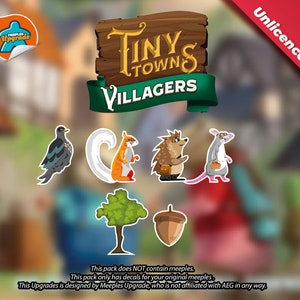 Puede incluir: Un conjunto de pegatinas de actualización de meeples Tiny Towns Villagers. Las pegatinas representan una ardilla, un erizo, un pájaro, un ratón, un árbol y una bellota. Las pegatinas están diseñadas para ser utilizadas con el juego de mesa Tiny Towns.