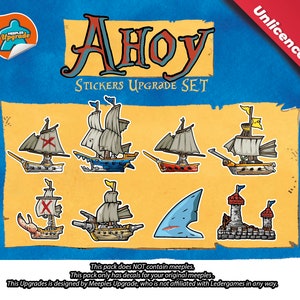 May include: Ahoy Stickers Upgrade Set for the board game. This set includes 10 colourful stickers featuring ships, a shark, and towers. The stickers are designed to be used on the original meeples.