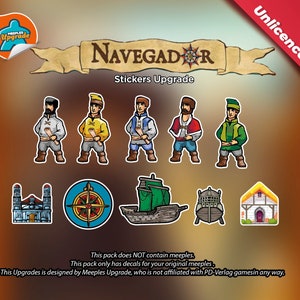 May include: A set of stickers for the board game Navegador. The stickers feature various characters, ships, and buildings. The stickers are designed to upgrade the original game pieces.