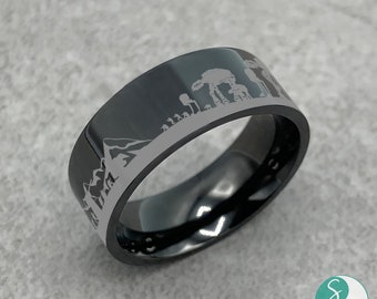 Engraved Star Wars Battle of the Hoth Scene ATAT ATST Titanium Ring Flat and Polished 4mm to 12mm Available Lifetime Size Exchanges