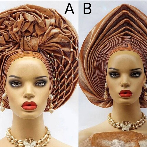 Gold Asooke Autogele for African women, african gele for weddings, Nigerian pre shops styled headtie wedding attire, mutipleated asoke