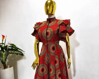 Red Long African Print Flare Dress, Ankara Maxi Dress,