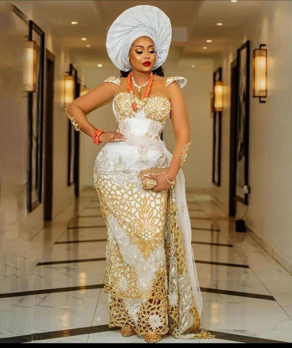 Igbo Wedding Dress, White and Gold George African Bridal Attire