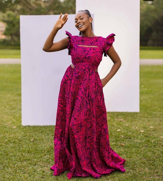 Elegant Maxi Pink Dress Ankara Long Dress for Women. Dress for