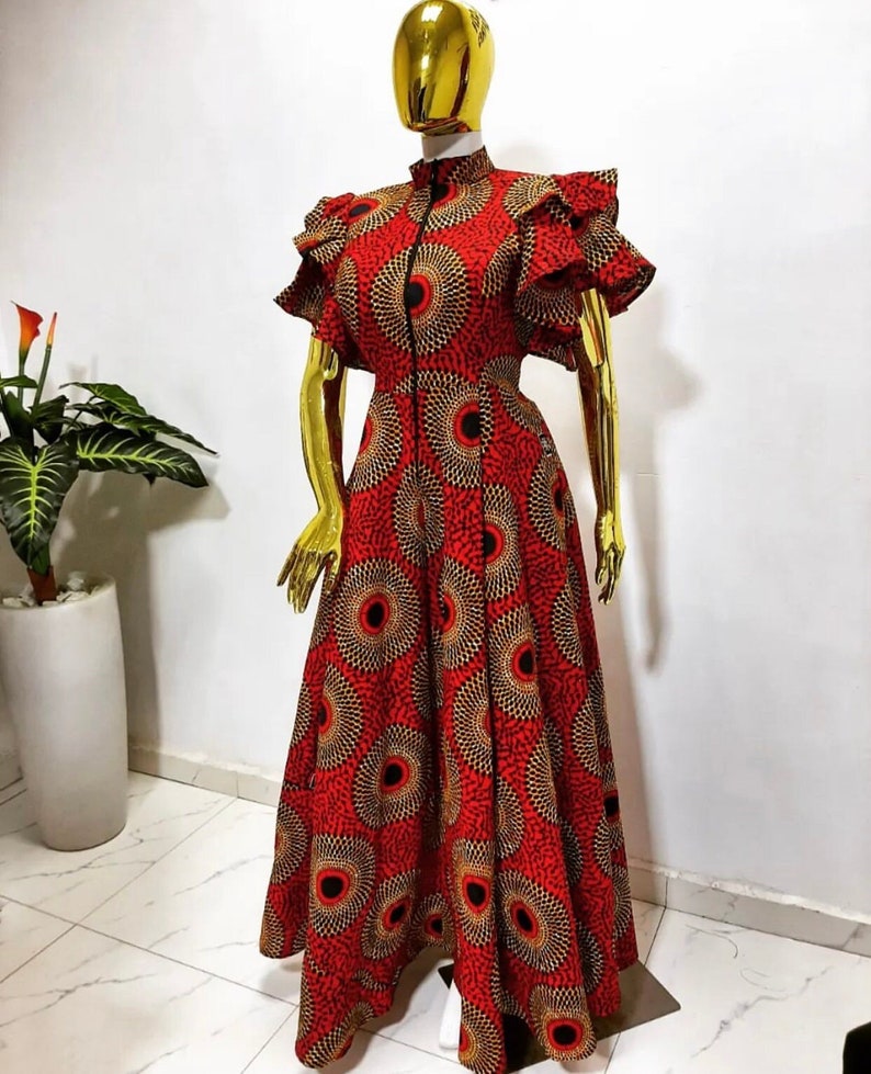 Red Long African Print Flare Dress, Ankara Maxi Dress, zdjęcie 1