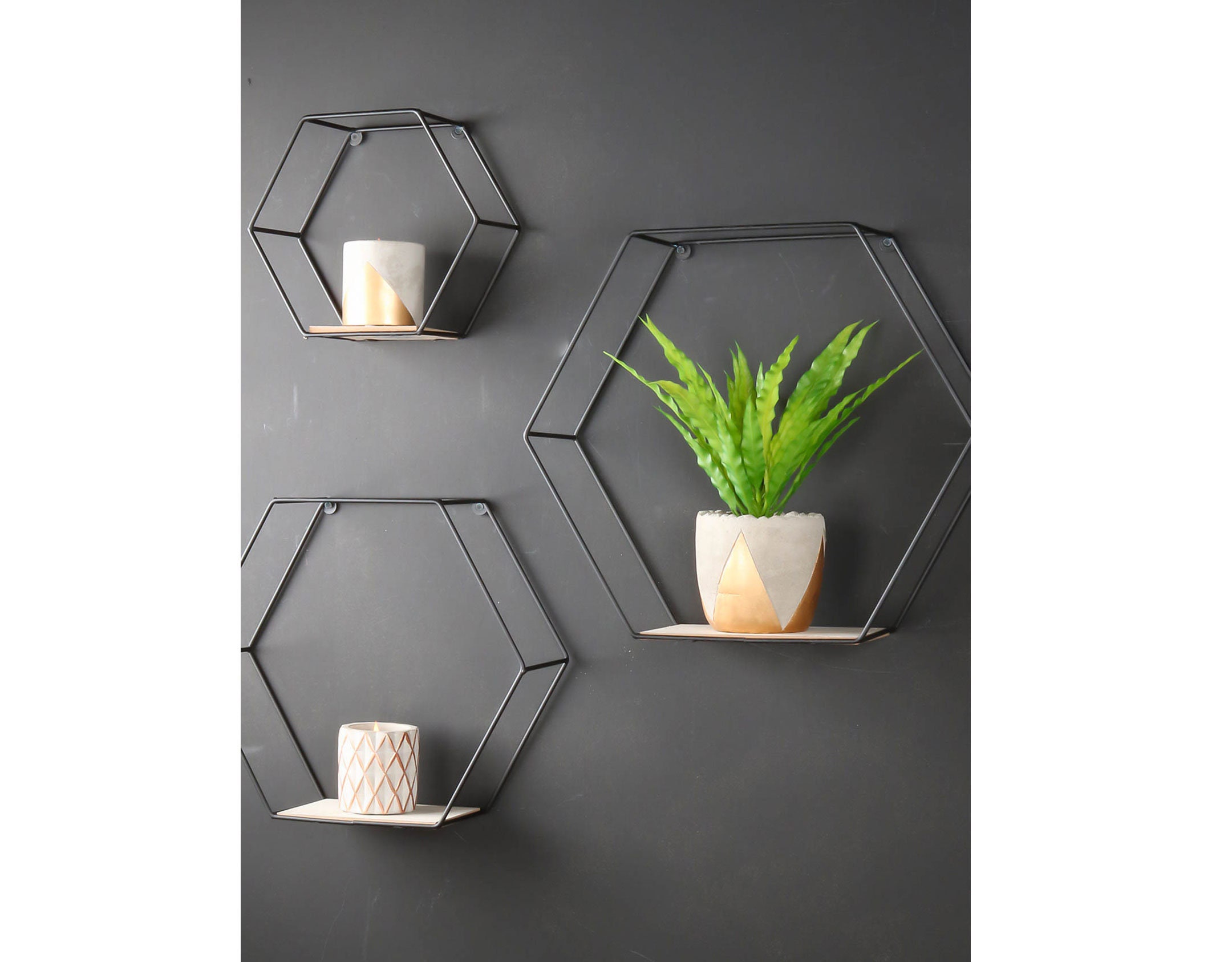 Set of 3 Hexagon Wall Shelves Industrial Style Metal Wood Etsy UK